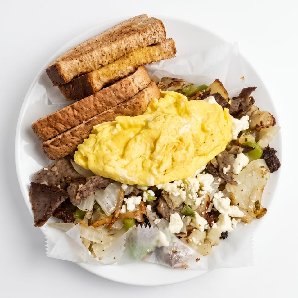 Plate of scrambled eggs, toasted bread, seasoned potatoes, steak, peppers, onions, and crumbled cheese.