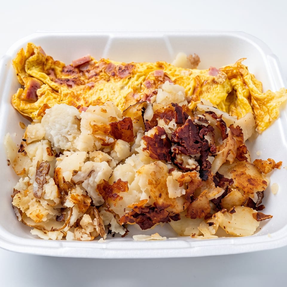 Takeout container filled with crispy home fries, bacon, and a ham-and-cheese omelet.