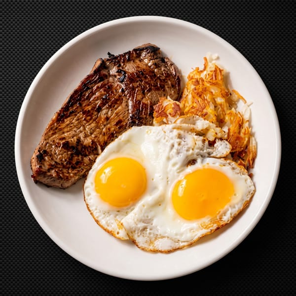 A white plate holds a grilled steak, crispy hash browns, and two sunny-side-up eggs.